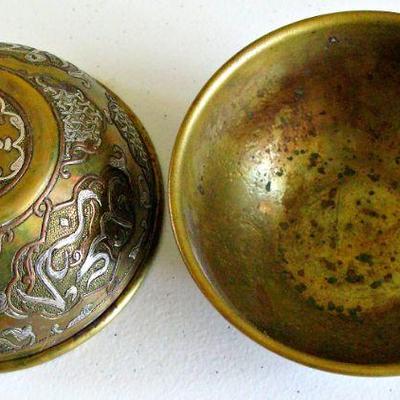 Antique Islamic Art Bronze Bowls with Silver Inlay around 1900