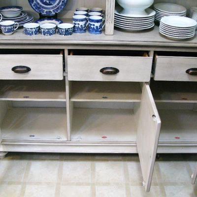 Distressed White Buffet Hutch Adjustable Display Shelves