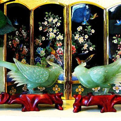 Chinese jade  Birds on Wood Stands - Chinese cloisonné Miniature 4 Panel Divider