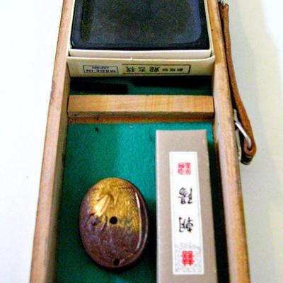 Vintage Japanese Sumi Calligraphy Set in a Wooden Box