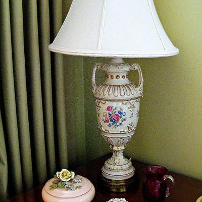 Antique Floral Handled Hand Painted Floral Porcelain  Table Lamp