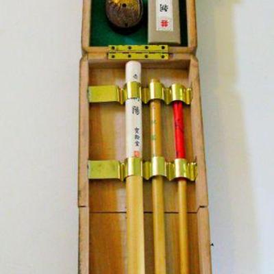 Vintage Japanese Sumi Calligraphy Set in a Wooden Box