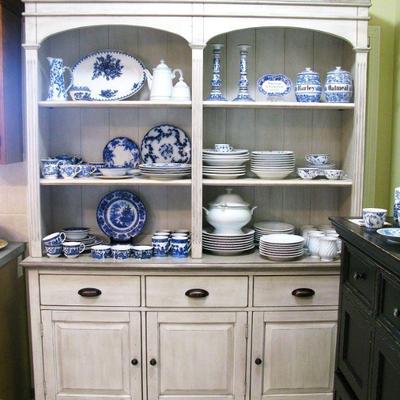 Distressed White Buffet Hutch Adjustable Display Shelves