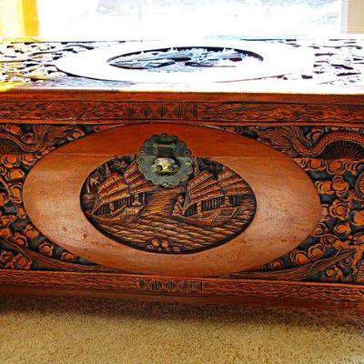 Vintage Chinese Carved Camphor Wood Trunk
