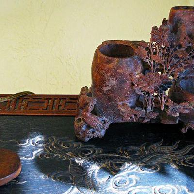 Japanese Carved Statue  - Oriental Red Carved Soapstone Triple Vase 