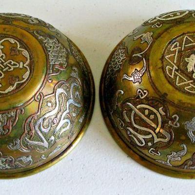 Antique Islamic Art Bronze Bowls with Silver Inlay around 1900