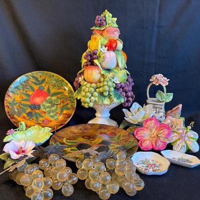 Decorative Fruit & Flowers-Signed & Numbered Fruit Tree, Porcelain Flowers, Lacquerware Plates