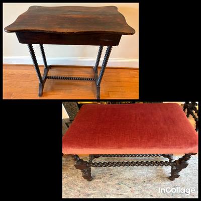 Vintage Accent Table & Barley Twist Upholstered Bench 