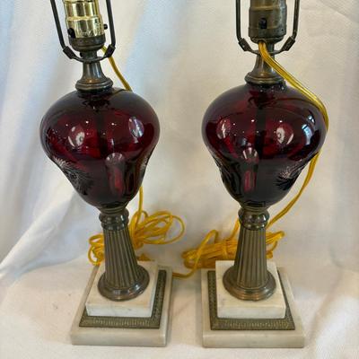 Pair Of Vintage Cranberry Glass Table Lamps