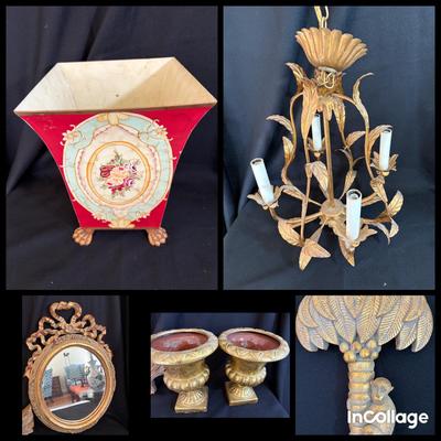 Chandelier, Mirror, Pots, Metal Waste Basket 