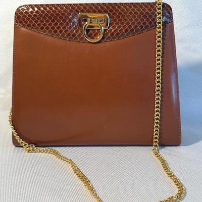 Vintage Salvatore Ferragamo Diana Clutch Gancini Leather Chain Shoulder Bag Brown Gold