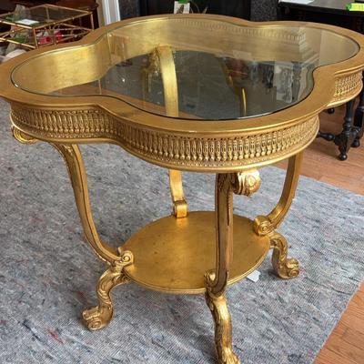 Vintage Carved Gilt Wood Cloverleaf Shape With Inset Glass Top