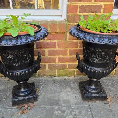 Pair Of Cast Metal Planter Urns