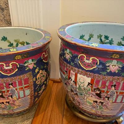Pair Of Vintage Chinese Famille Rose Porcelain Fish Bowls 