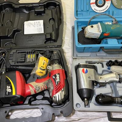 Power Tools - Skil 18V Drill Kit, American 41/2” Grinder, Devilbiss 3/8 & 1/2” Impact Gun Kit