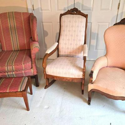3 Vintage Chairs: Rocker, Wingback, Victorian