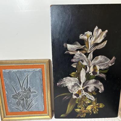 Etched Slate And Oil On Board Floral Art
