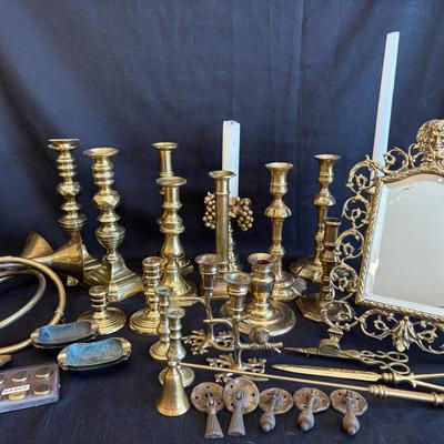Collection Of Brass Candlesticks, Mirror, Horns & More