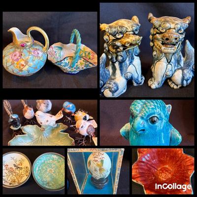 Collection Of Asian Style Decor-Cloisonné Longwy Basket, Carved Soapstone, Handpainted Eggs & More