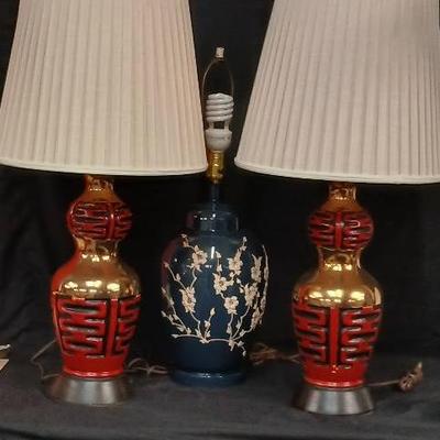Trio of Vintage Lamps / (2) Asian Red & Gold