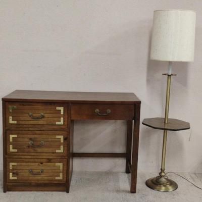 BASSETT Wooden Four Drawer Desk w/Vintage Floor Lamp