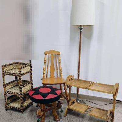 Wooden Mid-Size Chair, Vintage Metal &; Wood Floor Lamp, Mid-Century Modern Table Cart, 