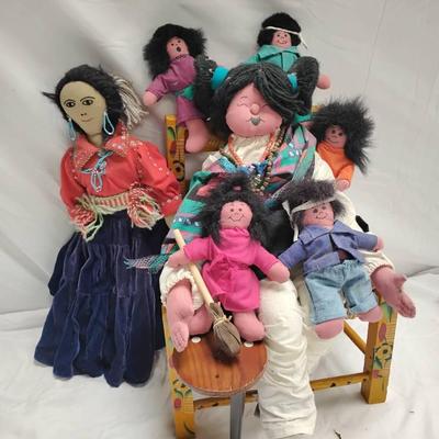 Vintage Navajo Folk Art Storyteller Dolls With Handcrafted Chair