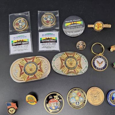 Unique Lot of Veterans Service Pins and Belt Buckles 