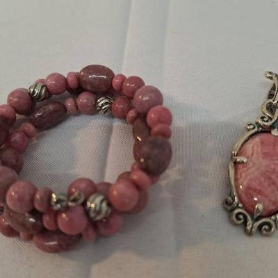Carolyn Pollock 925 Sterling Mauve Rhodonite   Pendant & Coil Bracelet - 17g