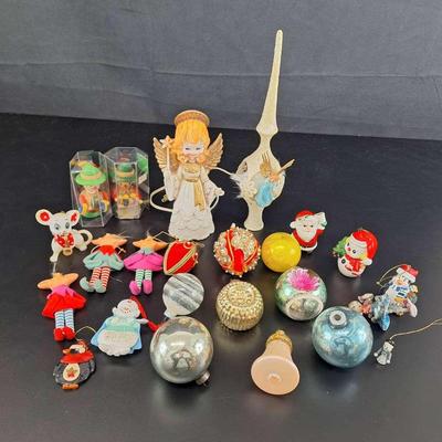 Vintage Christmas Tree Topper - Glass Ornaments - Wooden Germany Ornaments - Rubber Face Pixies 