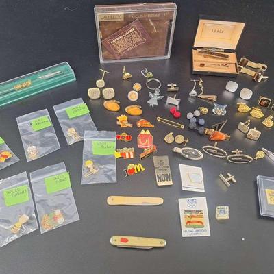 Large Lot of Tie Clips - Money Clip - McDonalds - Disney - Many More Pins - Amity Leather Billfold 