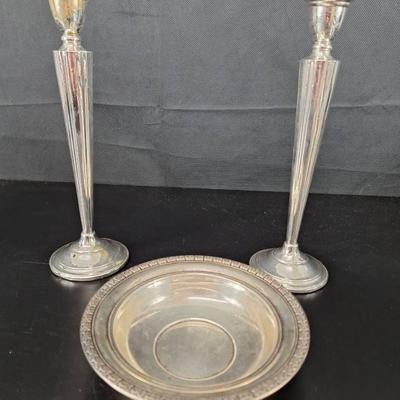 2 Sterling Silver Weighted Candle Sticks and Bowl 94g