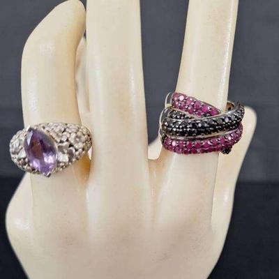 925 Sterling Victoria Wieck Amethyst Size 6 Ring - 925 Ruby Red -Black Crystal Ring Size 6
