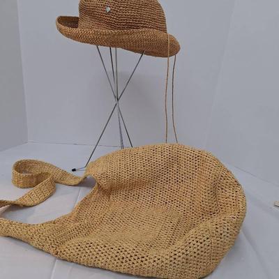 2 Helen Kaminski Raffia Shoulder Tan Slouchy Bag -Drawstring Hat 