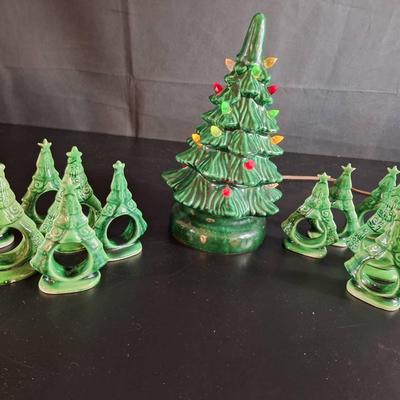 Vintage 10 in Plaster Light Up Christmas Tree - Tree Ceramic Napkin Holders Made in Philippines 