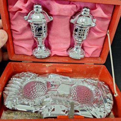 Nikko 1950's Vintage Salt and Pepper Silver Set with Stand - Cobalt Blue Glass Lined 