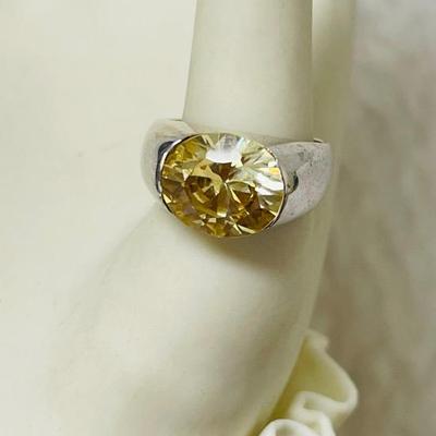 Sterling Silver Large Yellow Stone Ring