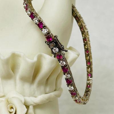 Sterling Silver, Ruby, and Cubic Zirconia Bracelet 