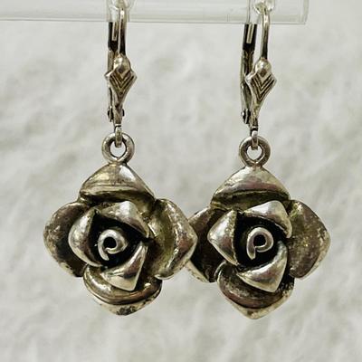 Vintage Sterling Silver Rose Drop Earrings