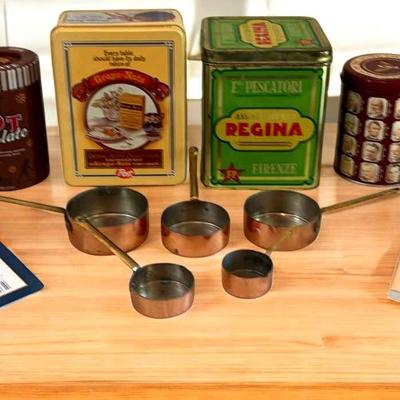 Collectible Tins, (5) Small Copper Pans & (4) Cookbooks