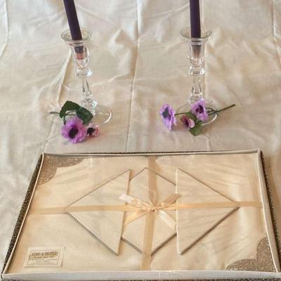  Vintage Pair of Crystal Taper Candle Holders and Kemp & Beatley Linen Table Mats w Napkins 