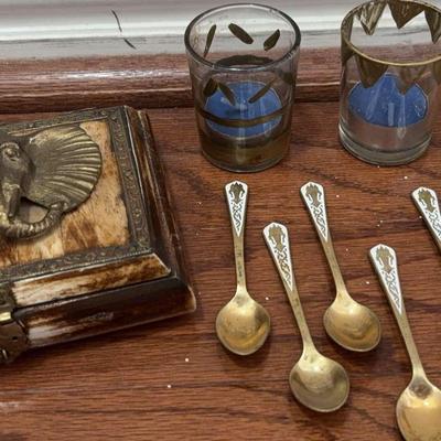 5 Brass Demitasse Spoons w/ Enamel Inlay - Bangkok, Elephant Trinket Box