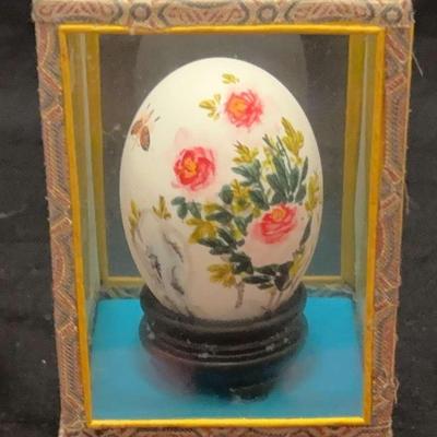Vintage Zerex Chinese Egg Hand Painted With Flowers And Butterfly In Case 