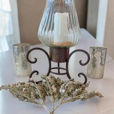 Metal Hurricane Candle Holder and Etched Glass Hurricanes