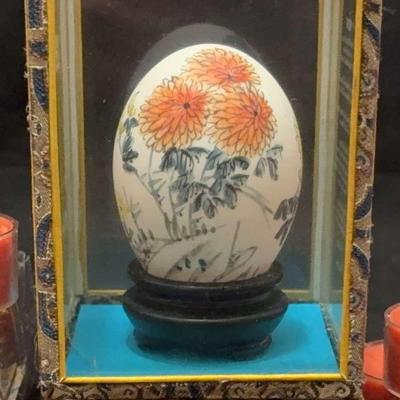 Vintage ZEREX Chinese Egg In Case Hand painted With Flowers And Birds