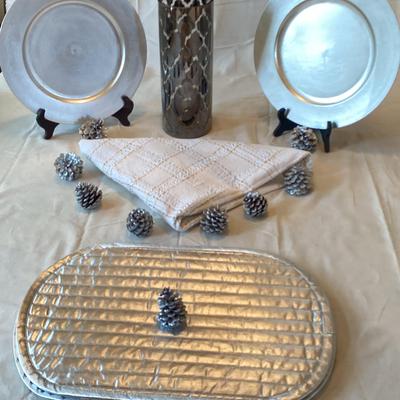 Silver Chargers Set of 6 with Silver Place Mats Set of 4 Round Table Cloth and More