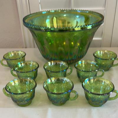 Vintage Iridescent Lime Green Carnival Glass Princess Punch Bowl & 8 Cups