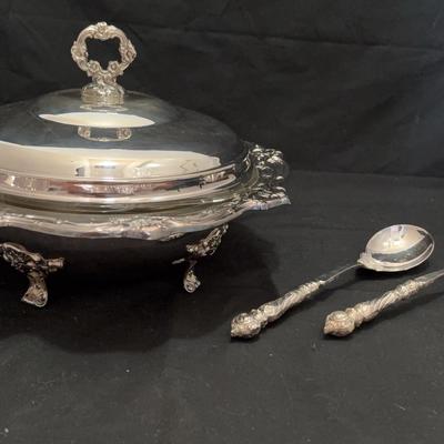 Silver Pedestal Dish With Salad Serving Spoons