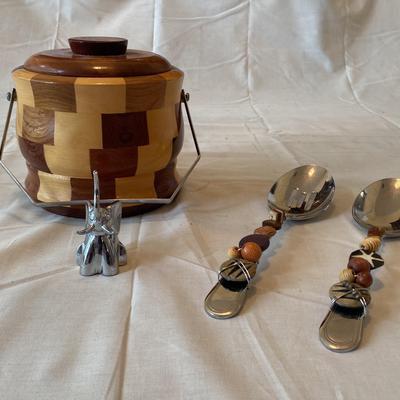 Cambridge Ware Wooden Ice Bucket, Wooden Decorative Serving Spoons & Miniature Elephant 