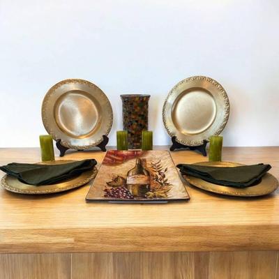 Set of 4 Gold Colored Metal Chargers, Ceramic Wine Platter and More